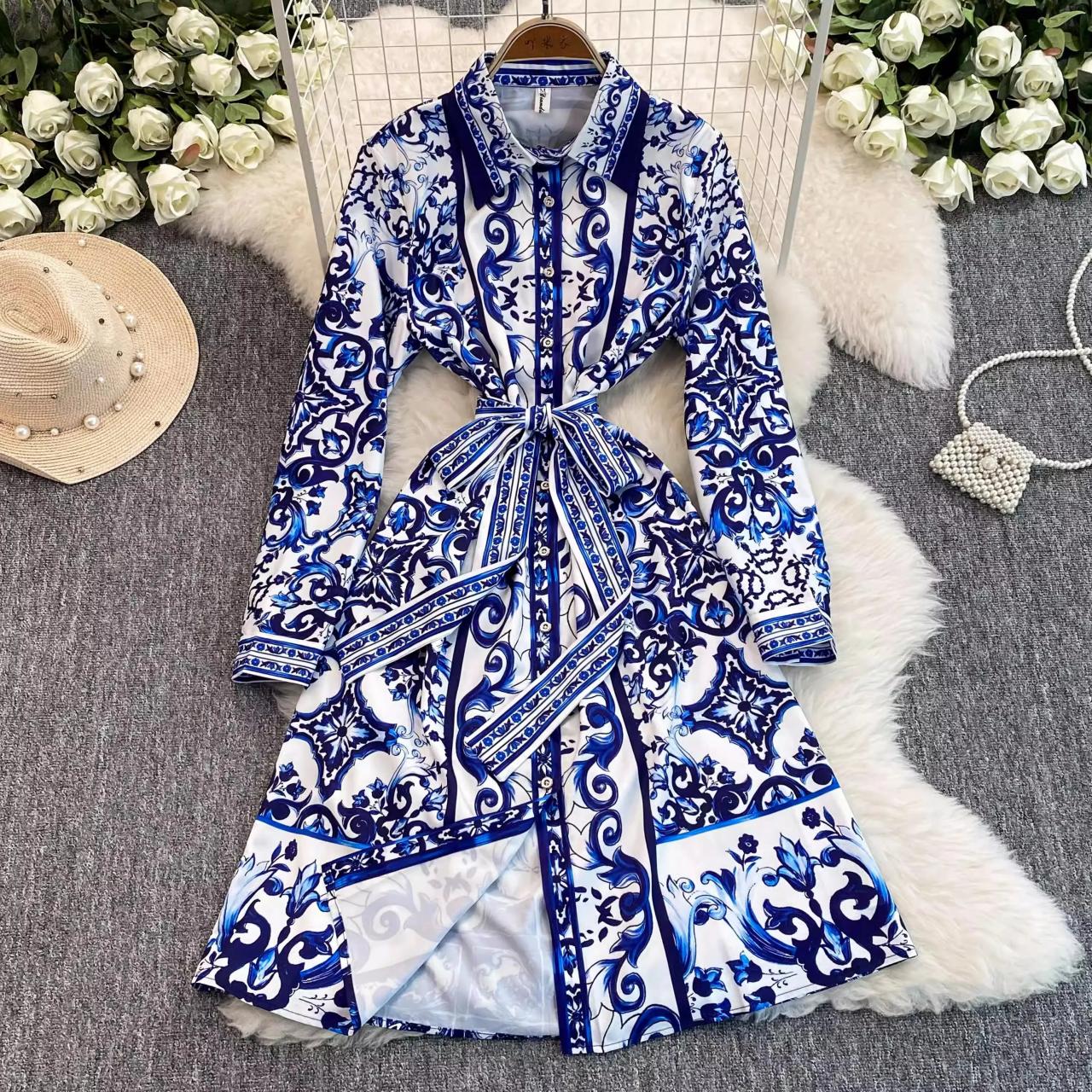 Floral Belted Long-sleeve Button-up Shirt Dress on Luulla