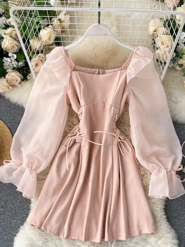 Pink Dress with Sheer Puff Long Sleeves
