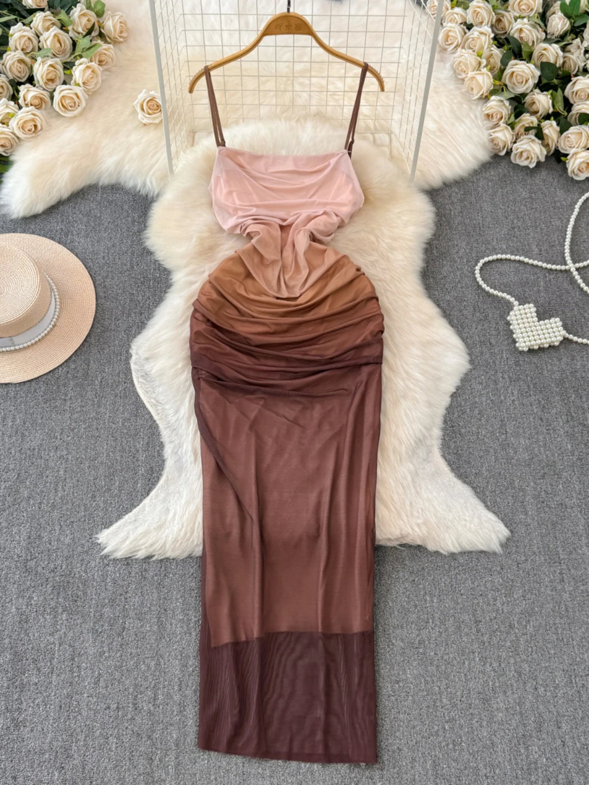 gradient satin dress Franceska Taupe Ombre Satin Midi Dress