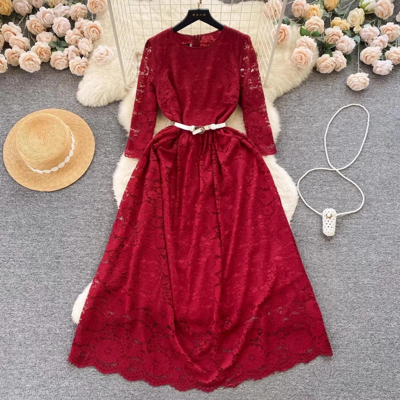Lace Long Sleeve Burgundy Maxi Dress With Belt on Luulla