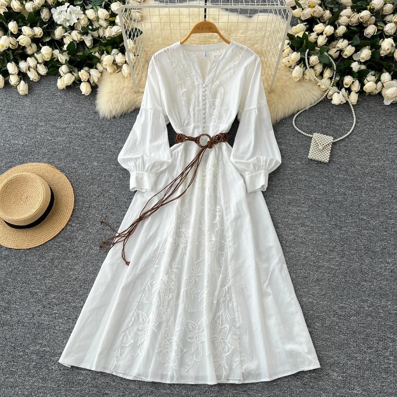White Embroidered Maxi Dress With Boho Belt
