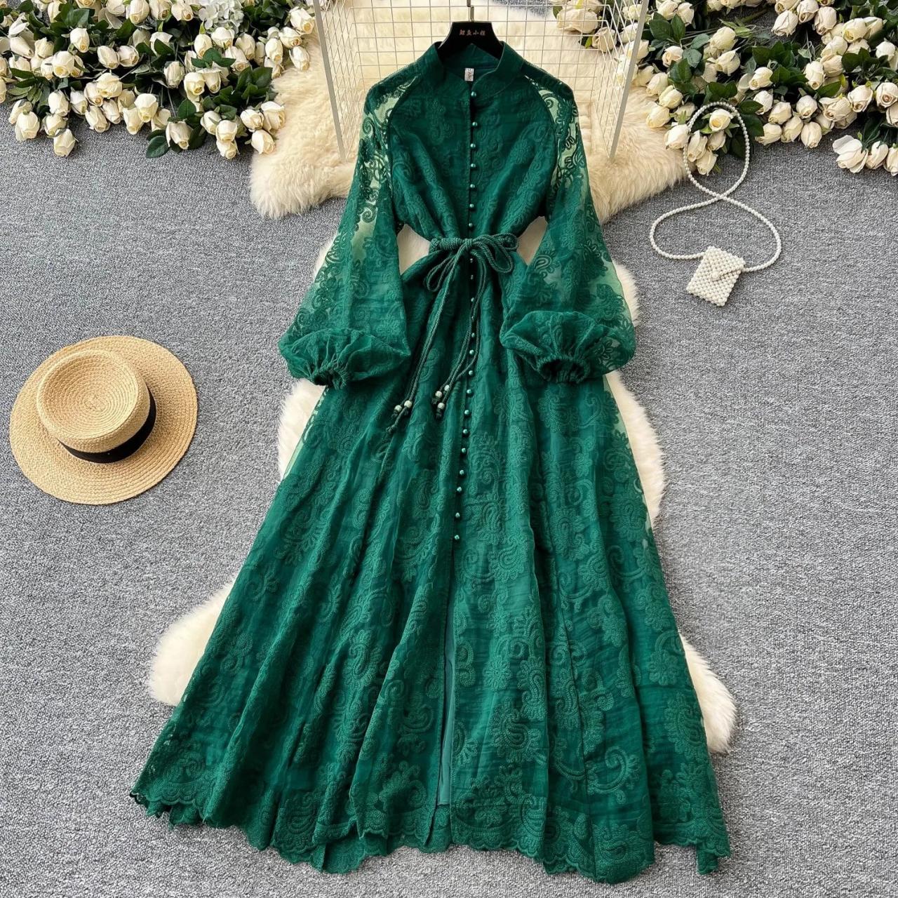 green emerald velvet dress Luxury Long Prom Lace Dress| Emerald Green – OTUNBA main image 0