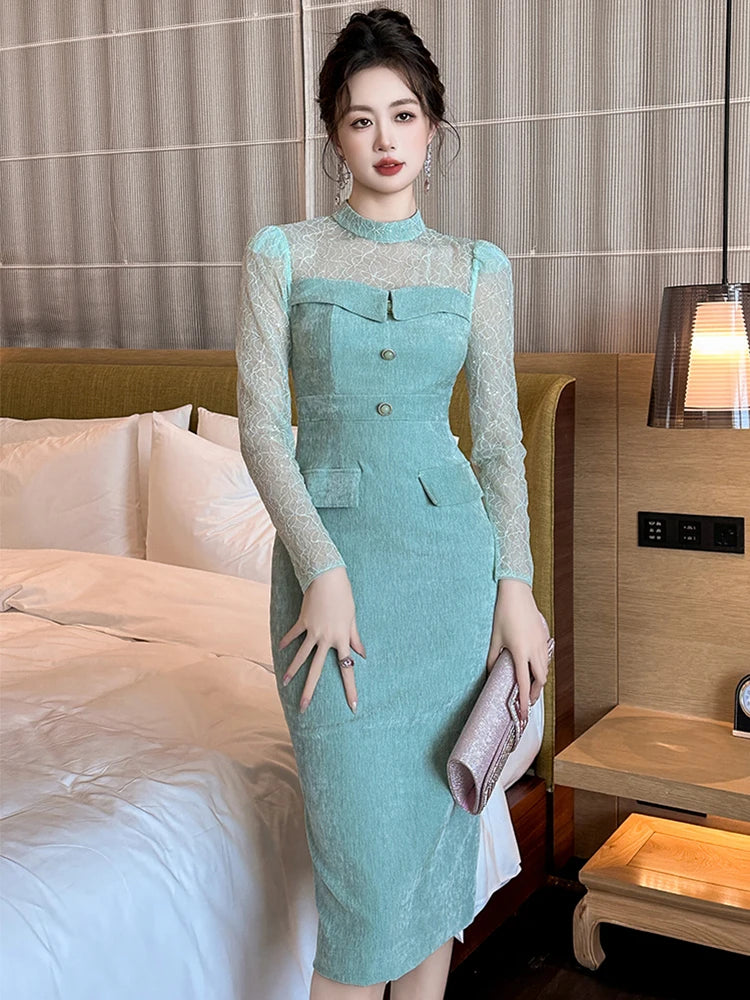 knee length dresses for ladies Women's Delphine Pencil Round Neck Silk Lace Midi Dress S/M/L/Xl Ivory White Mean Blvd Ivory White / M main image 0