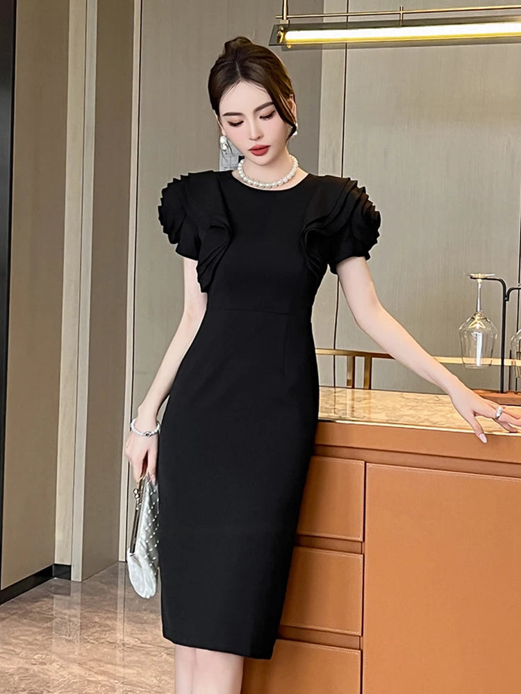 knee length dresses for ladies Black Midi Dress – Elegant 3/4 Sleeve A-Line Dress with Asymmetrical Ruffle Hem & Tie Waist Black / 14 main image 0