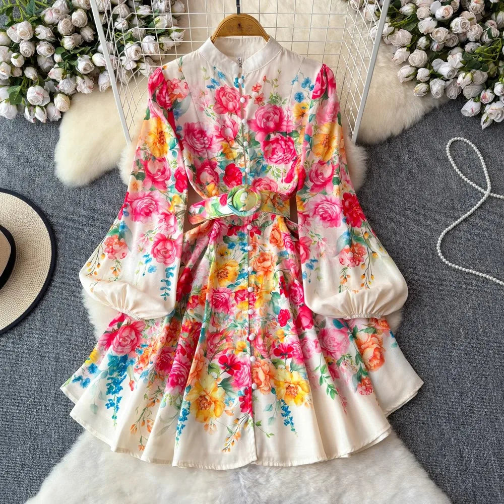 Floral Print Long Sleeve Belted Summer Dress