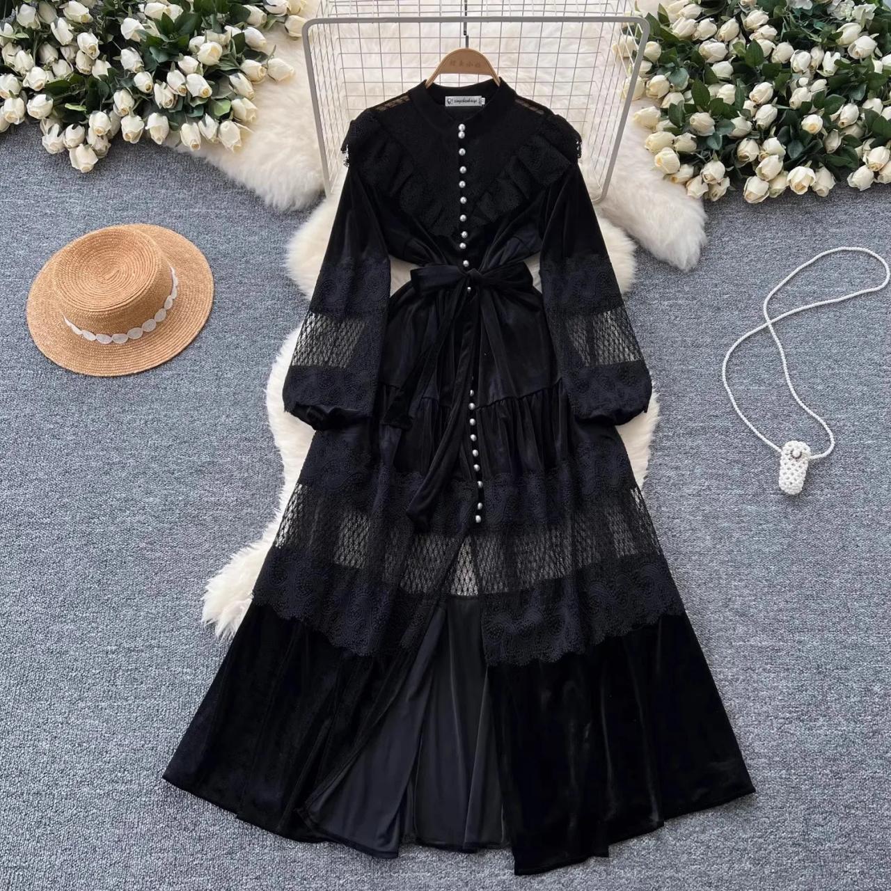 Black Lace Maxi Dress With Button Details
