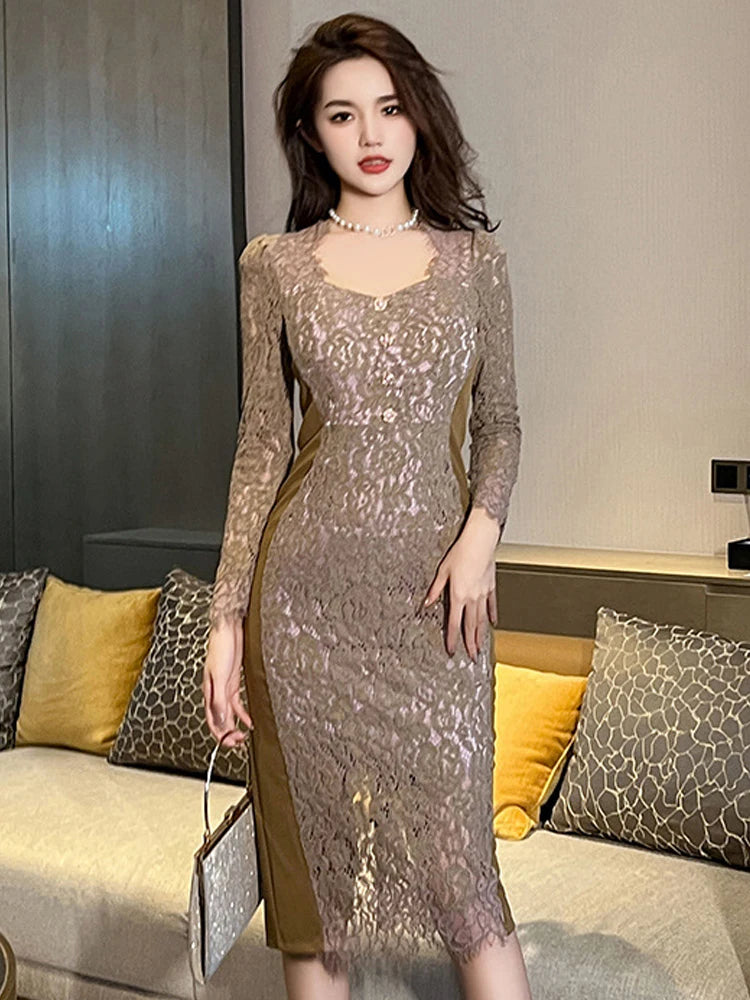 Lace Long-sleeve Dress With Sheer Panels