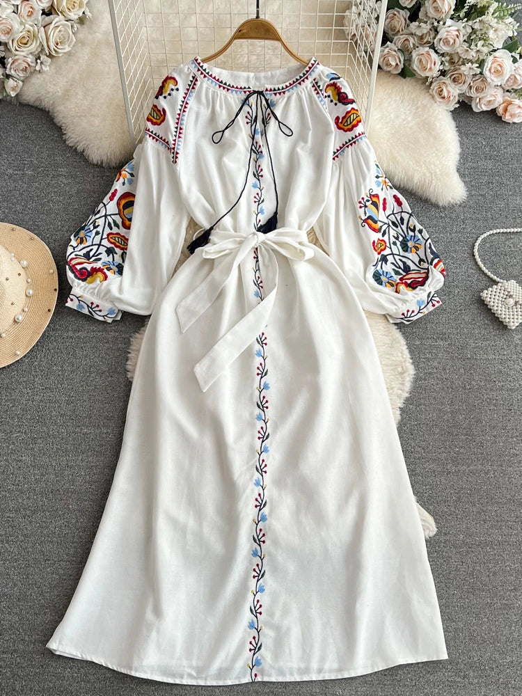 Bohemian Embroidered Maxi Dress With Floral Accents
