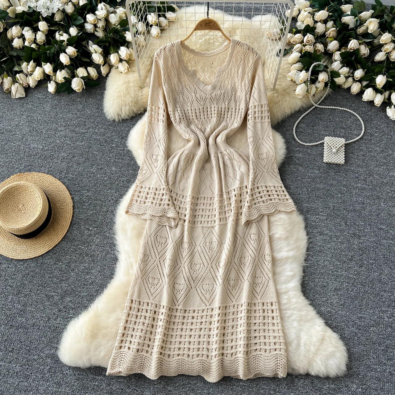 Long-sleeve Boho Crochet Lace Maxi Dress Beige on Luulla