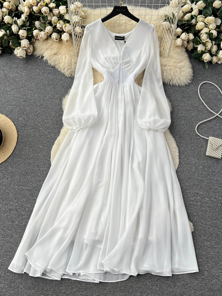 Long White Dress with Cut-Out Balloon Sleeves