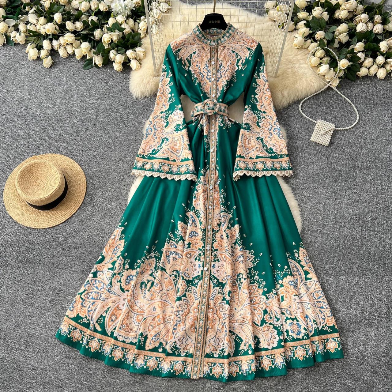 Floral Embroidered Maxi Dress With Flared Sleeves