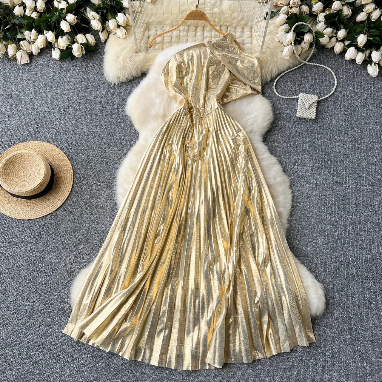 Gold Metallic One-shoulder Pleated Evening Gown on Luulla