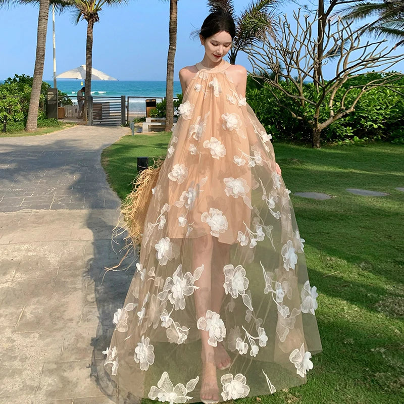 beautiful beach maxi dresses Boho Lace Beach Maxi Dress – White & Black Ankle-Length Summer Dress in White | Women's Boho Fashion | S main image 1
