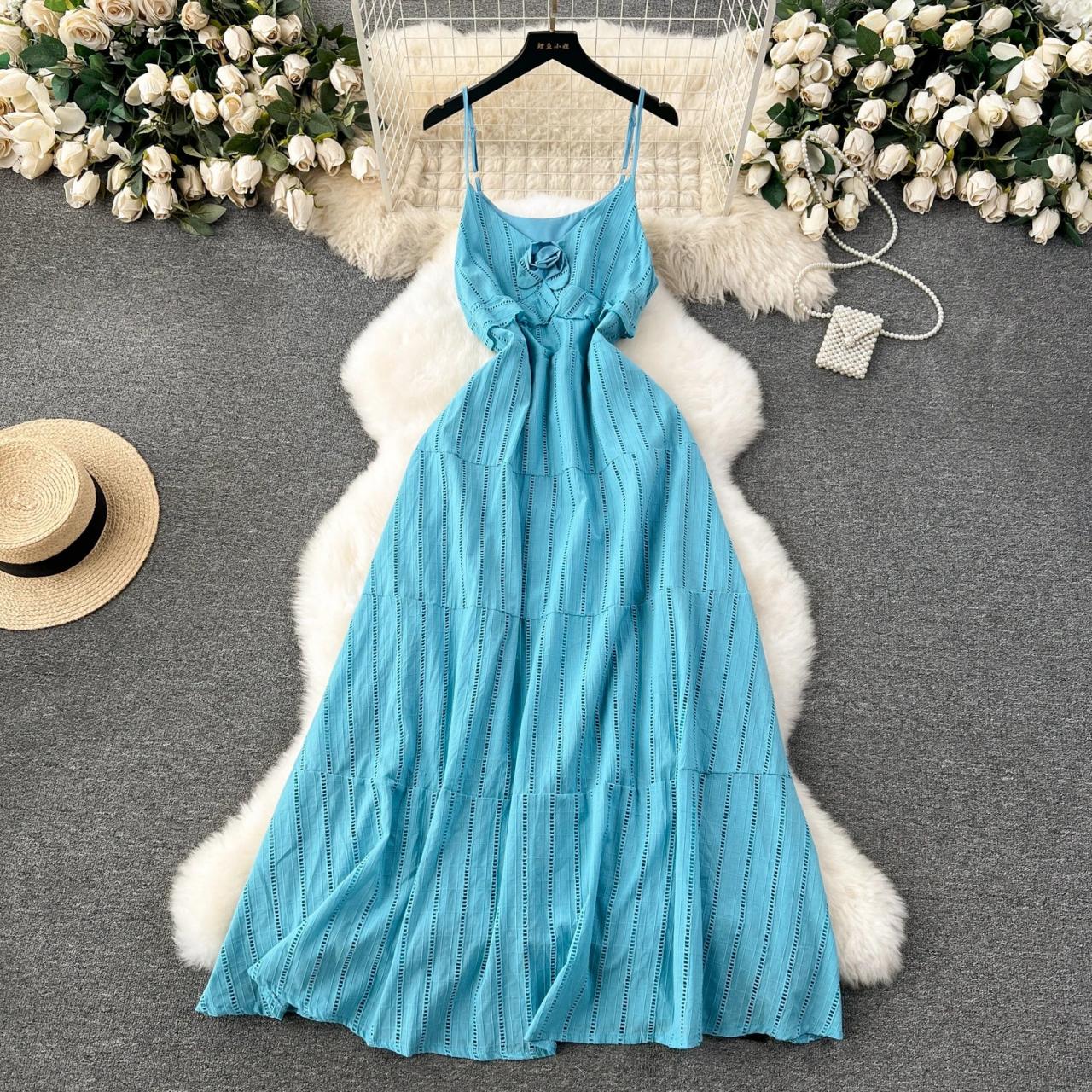 Flowy Sleeveless Blue Maxi Dress with Straps