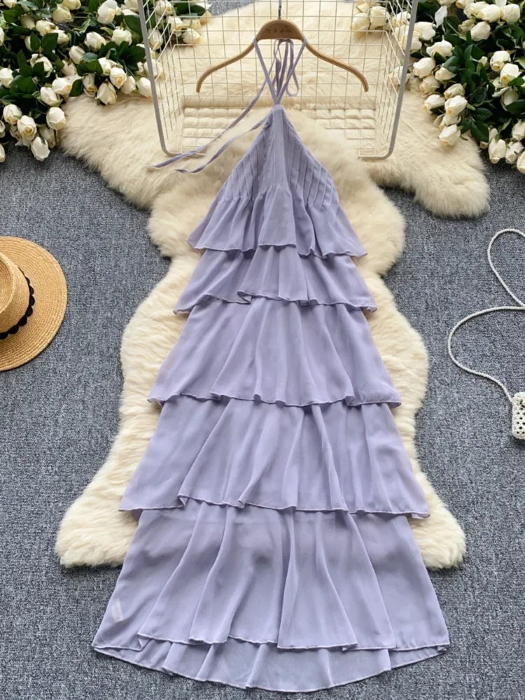 Halter Neck Layered Lavender Summer Beach Dress on Luulla