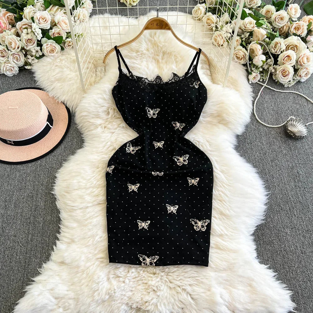 Butterfly Embroidered Black Spaghetti Strap Dress