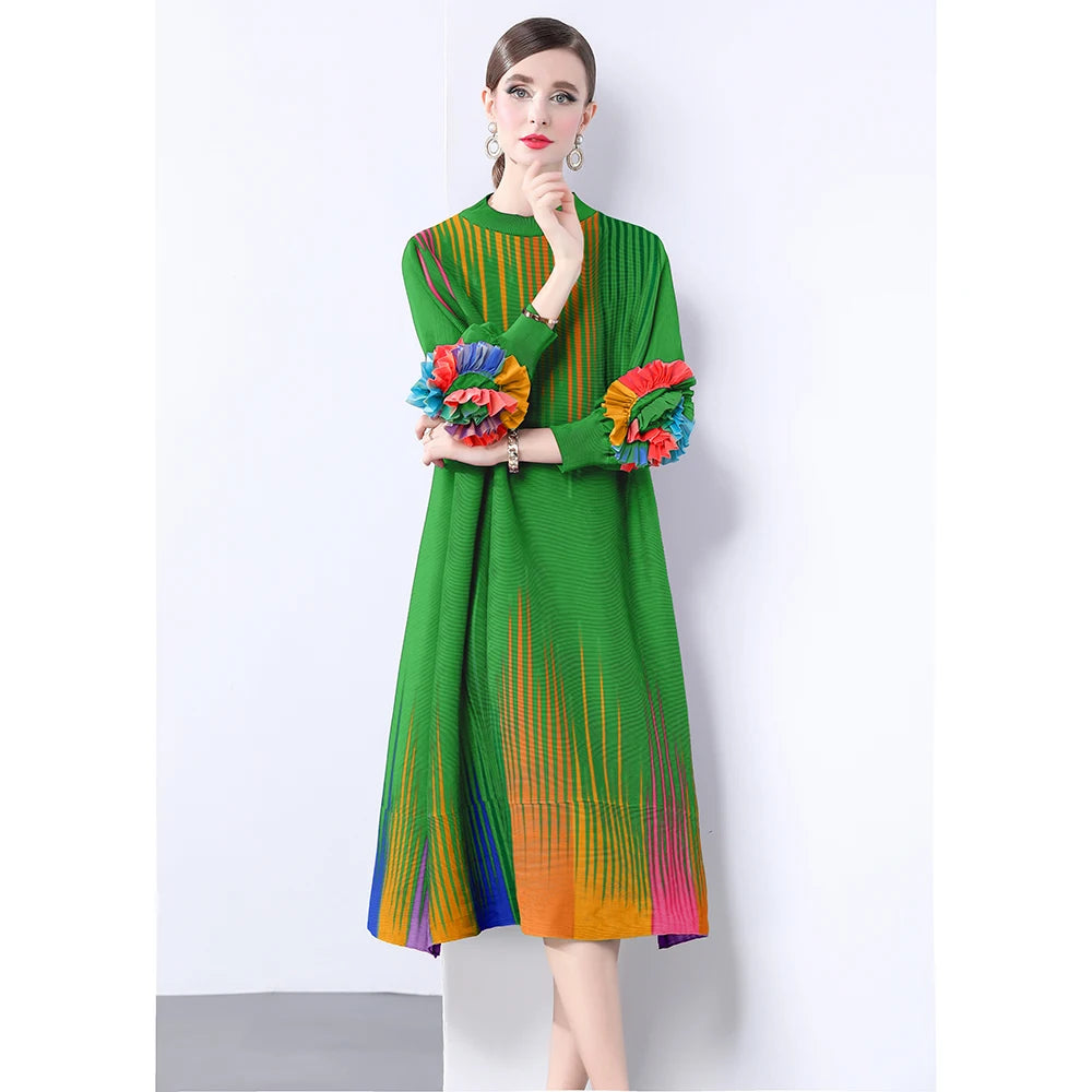 Vibrant Multicolor Green Dress With Ruffled Sleeves