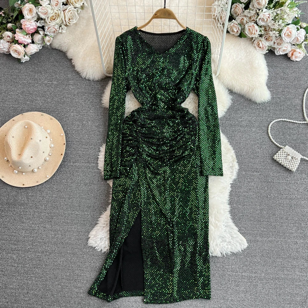 Green Sequin Long-sleeve Ruched Midi Dress