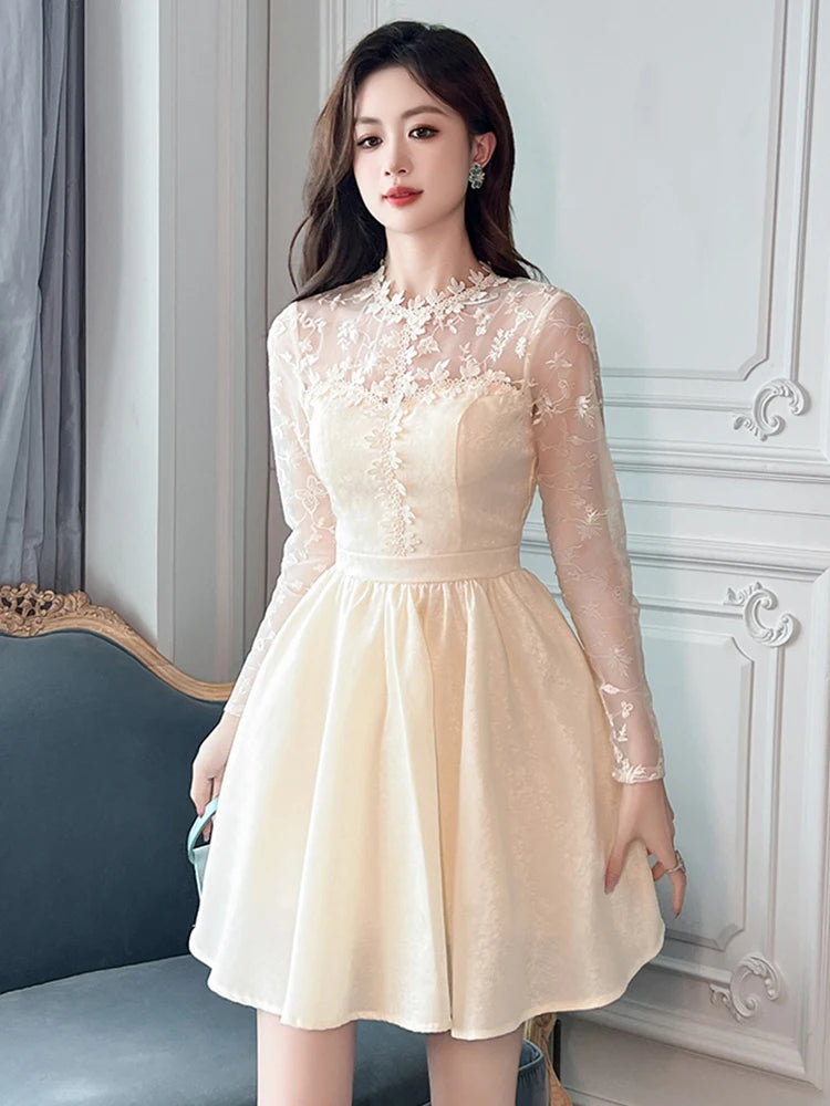 Lace Long Sleeve Floral Embroidered Party Dress