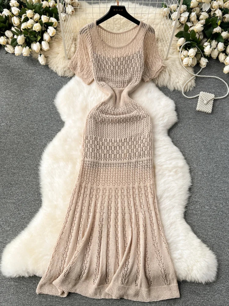 Timeless Beige Knit Maxi Dress Breathable Design on Luulla