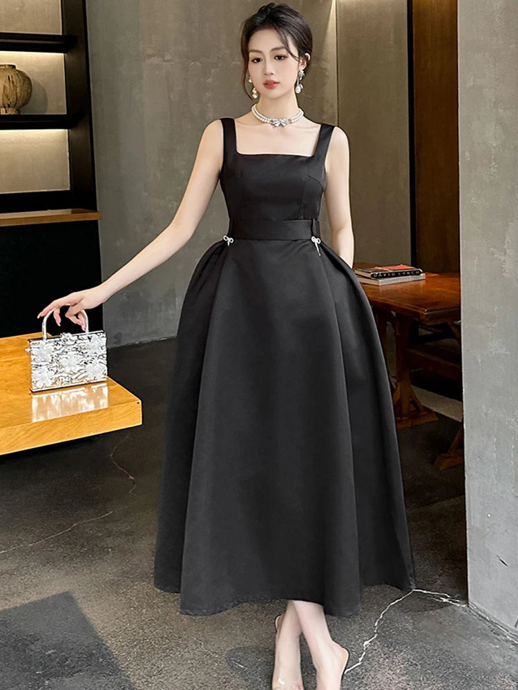 Womens Sleeveless Square Neck Black Evening Dress