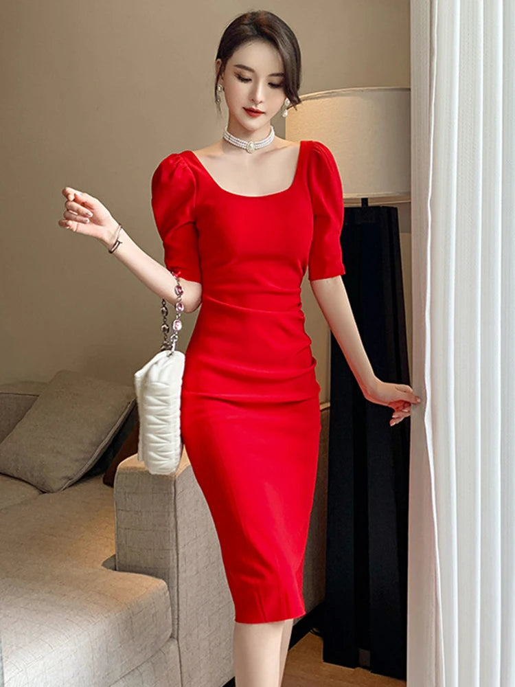 slim fit dress slacks Blue Satin Pleated Bodice Puff Sleeve Midi Dress main image 0