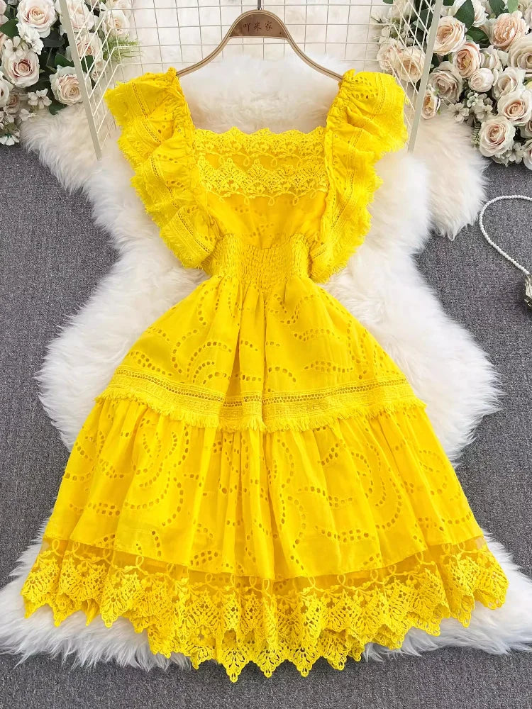Womens Yellow Lace Ruffled Sleeveless Summer Dress