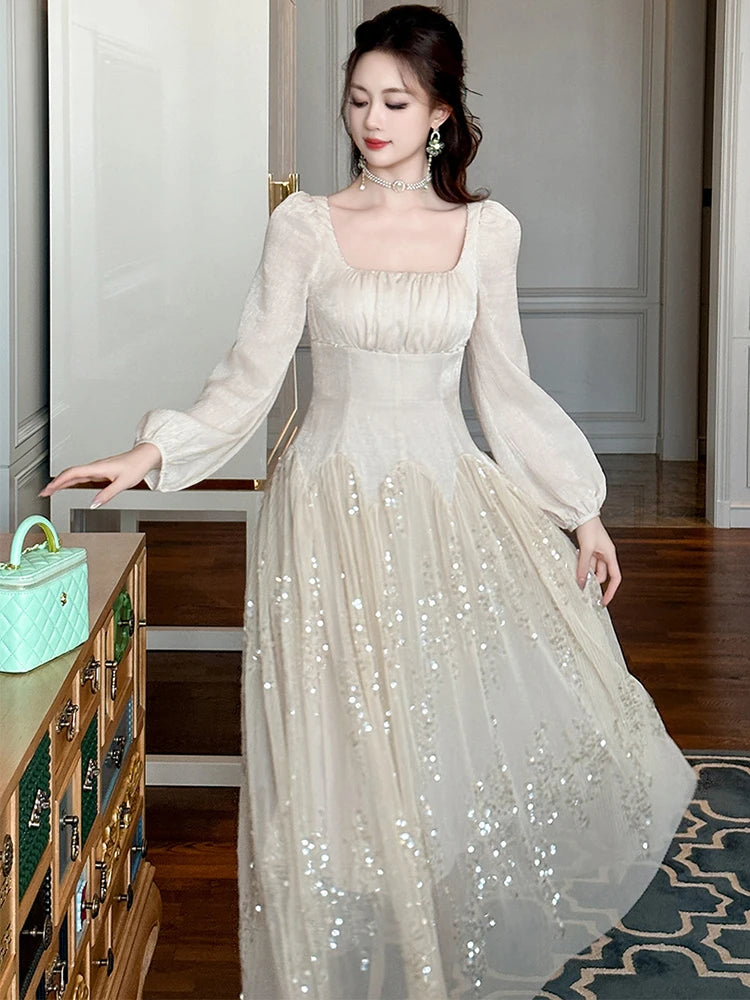 square neck formal dress long sleeve Evening Dresses Women Long Sleeve Square Neck Modest Ankle Length Formal  Gowns fg5783 main image 1