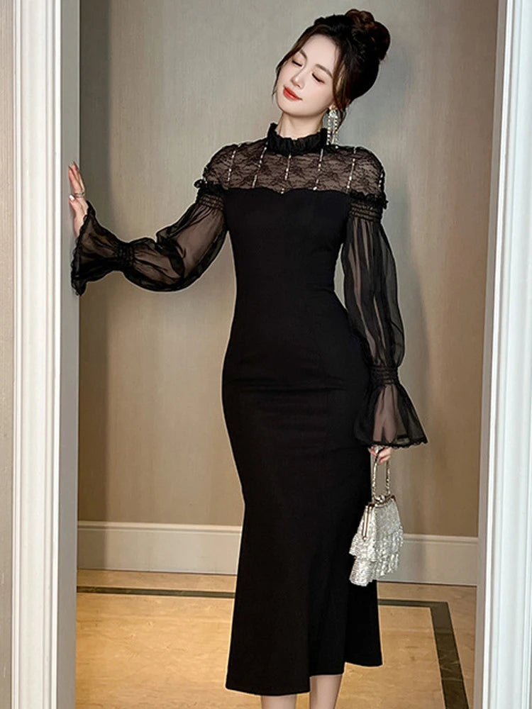 black formal dress with sheer sleeves Rayne Mesh Long Sleeve A-Line Formal Dress main image 1