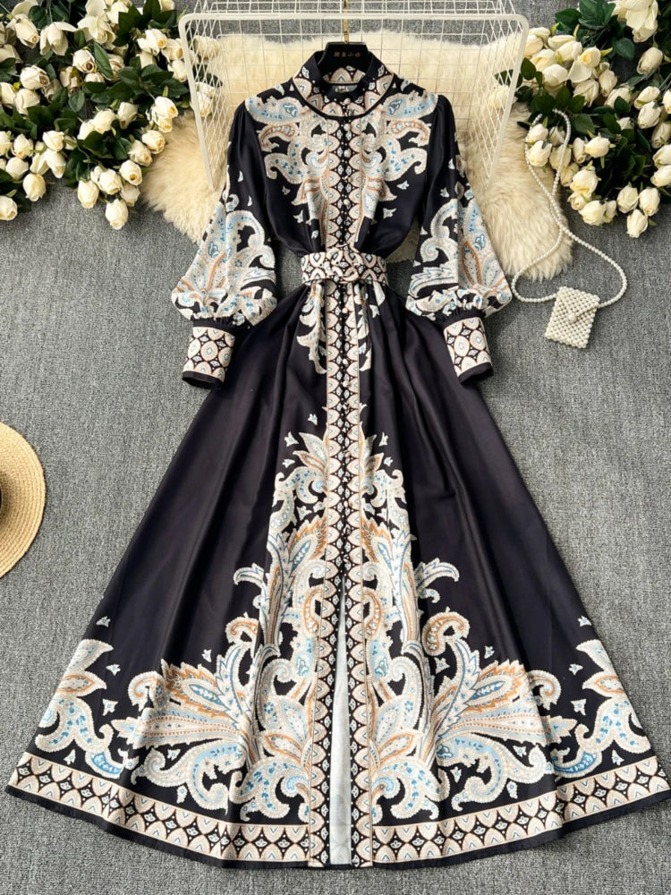 Vintage Long-sleeve Boho Maxi Dress With Belt on Luulla
