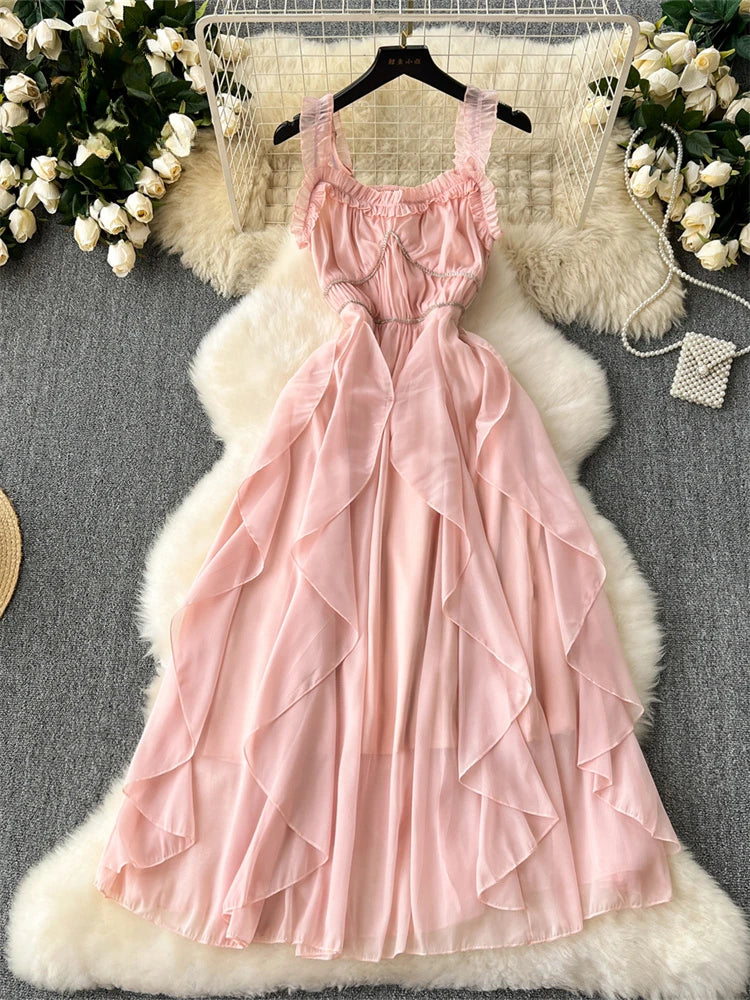 Soft Pink Layered Ruffle Sleeveless Maxi Dress