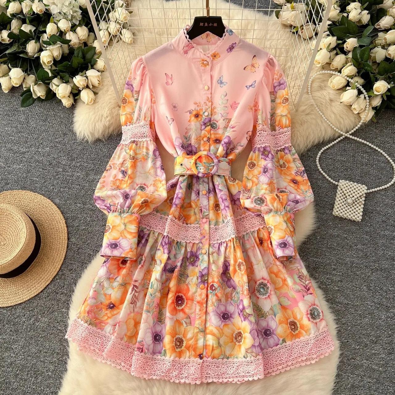Floral Patterned Dress With Belt And Lace Trim on Luulla