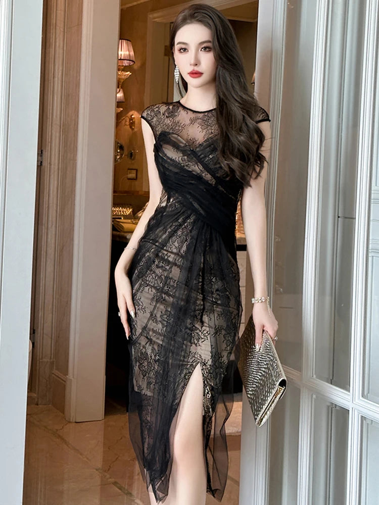 Women Fashion French Retro Maxi Dress Woman Sheer Mesh Lace Embroidery Skinny Robe Party Vestidos Prom Banquet Gown Femme
