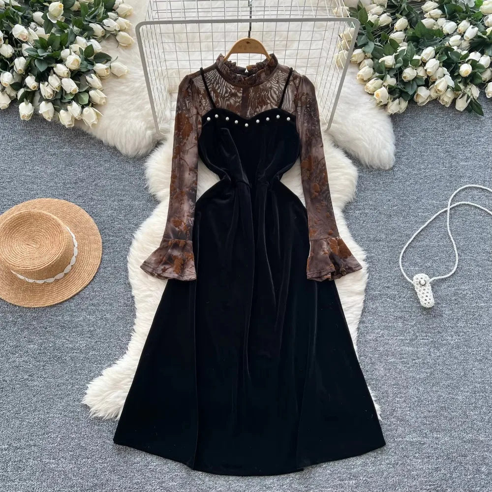chinese dress ladies Velvet and lace midi dress