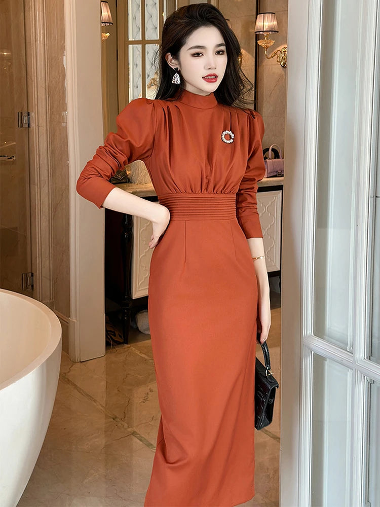 high slit long sleeve dress Satin Long Sleeve Formal Evening Gown