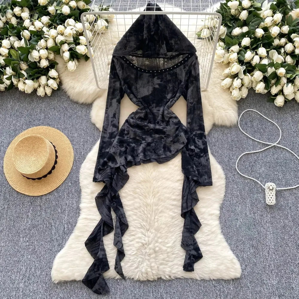hooded lace dress Off-Shoulder Lace Corset Wedding Dress with Beaded Hooded Cape