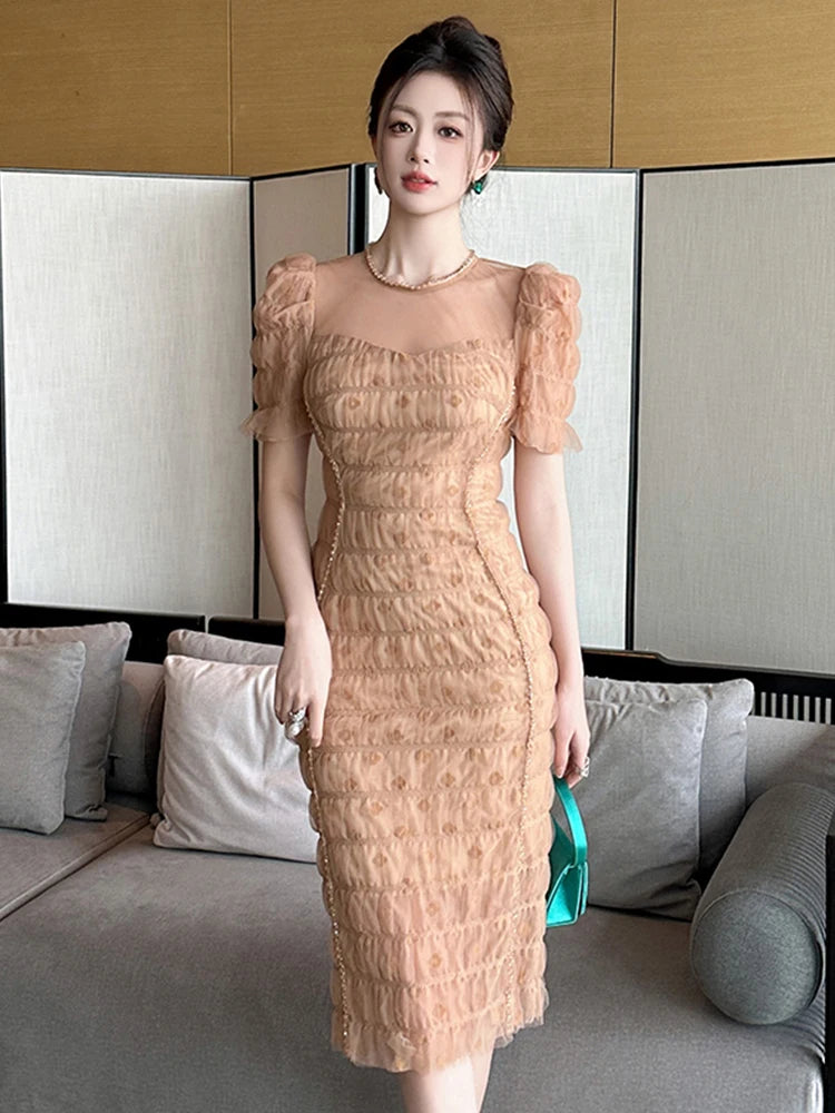 knee length dresses for ladies Black Nude Ruched Slinky Midi Dress main image 1