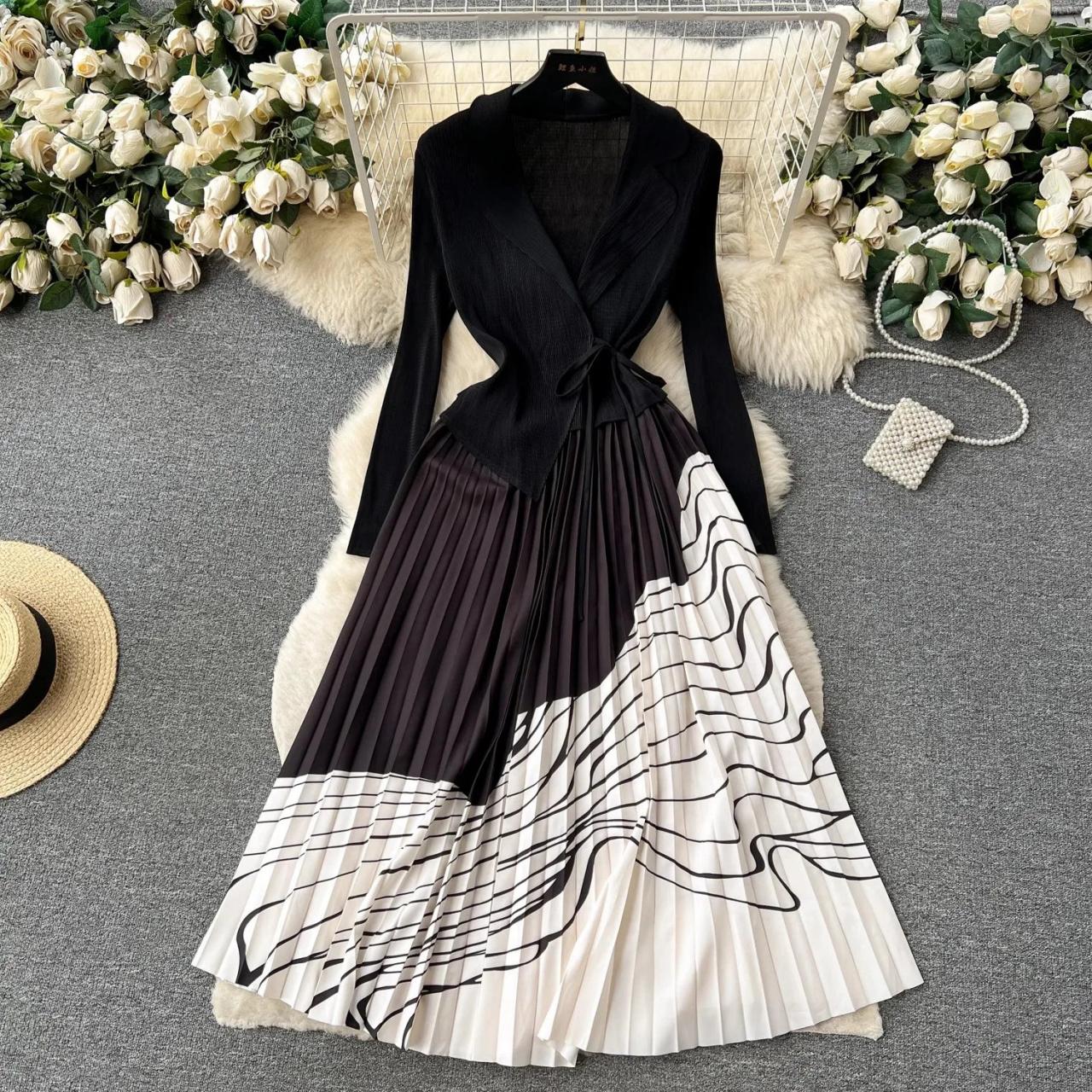 Black And White Pleated Flare Midi Dress on Luulla