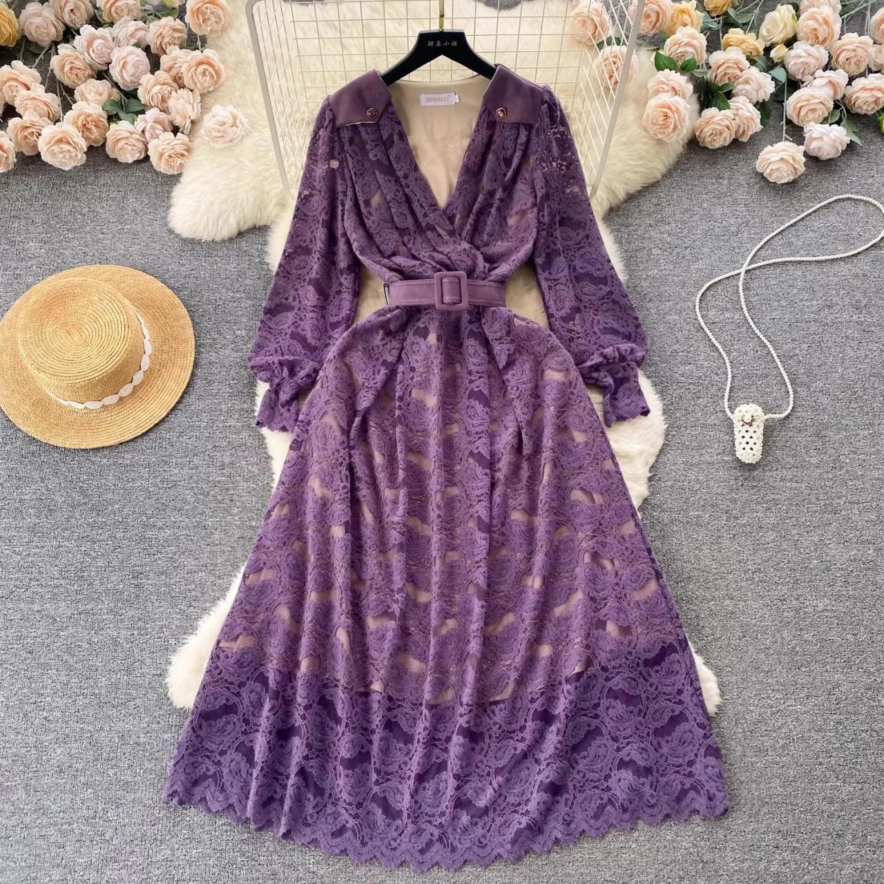 Vintage Purple Lace Long-sleeve Belted Dress
