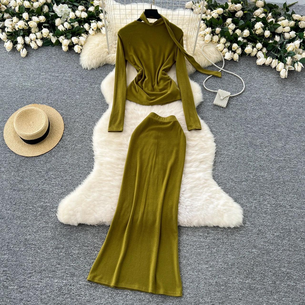 Olive Green Two-piece Outfit With Ruched Details