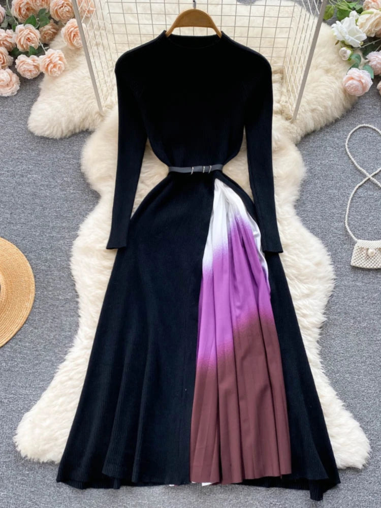 Black Ribbed Knit Belted Dress With Ombre Pleats