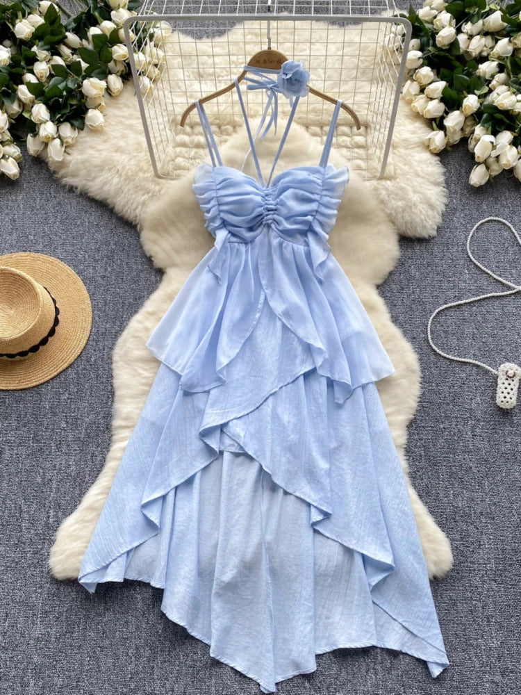 bright light blue dress Chiffon Ball Gown With Tiered Ruffle Skirt And Corset Top main image 1