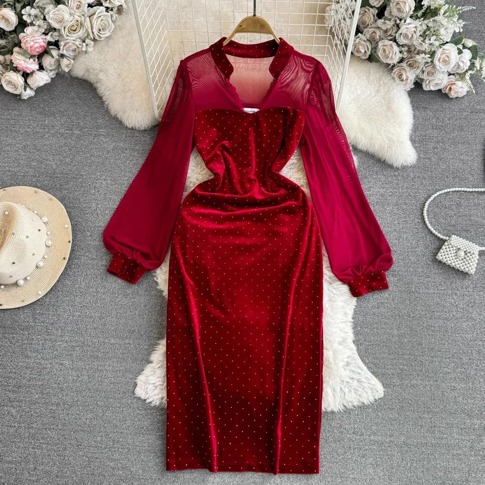 Red Velvet Long-Sleeve Dress with Mesh Accent