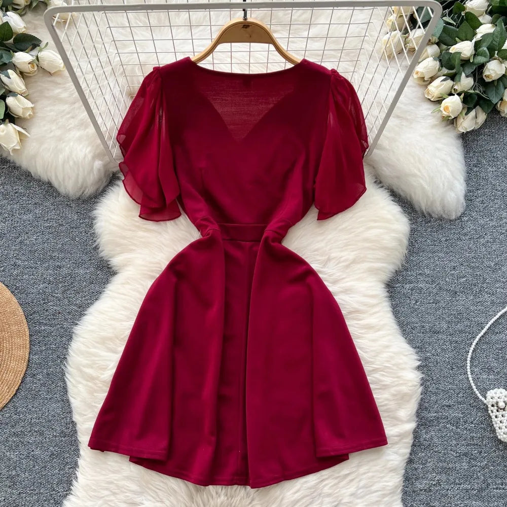Burgundy Flutter Sleeve V-neck Fit Flare Dress on Luulla
