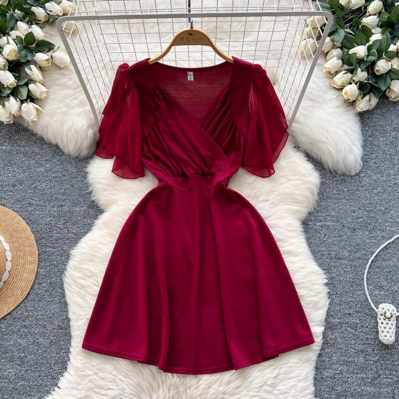 princess polly baby blue dress Burgundy Flutter Sleeve V-neck Fit Flare Dress on Luulla