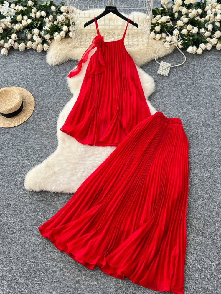 Vibrant Red Pleated Summer Halter Dress Pair