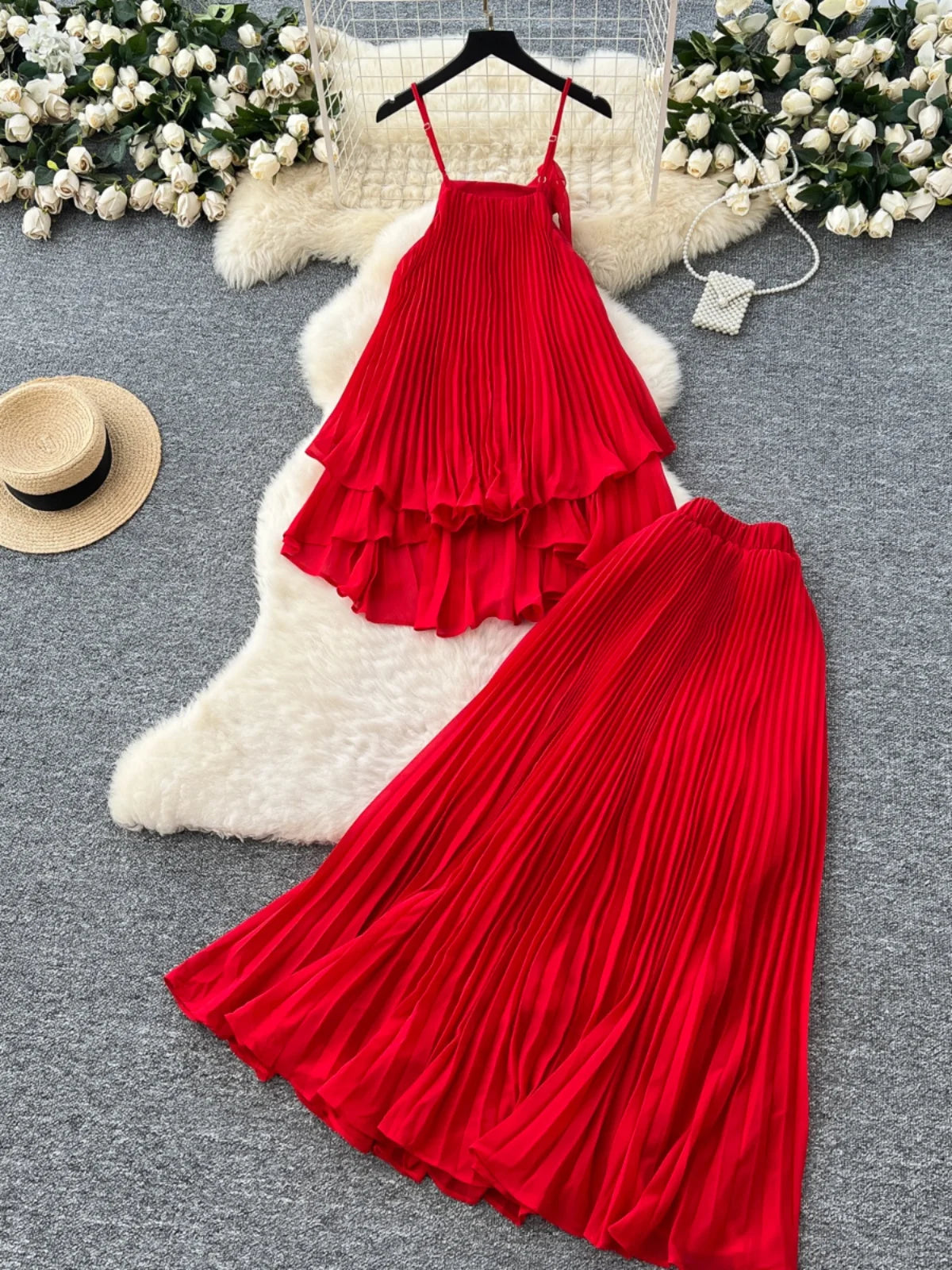 red summer halter dress Red Halter Midi Casual Summer Dress with Pockets Winterberry Red / XSmall