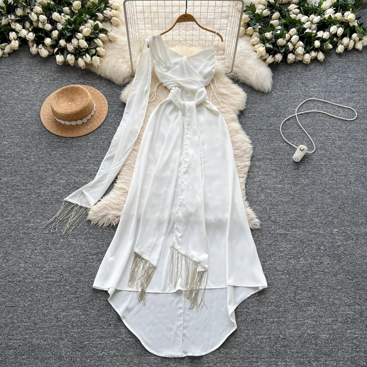 Chic Asymmetrical White Gown With Fringe Accents on Luulla