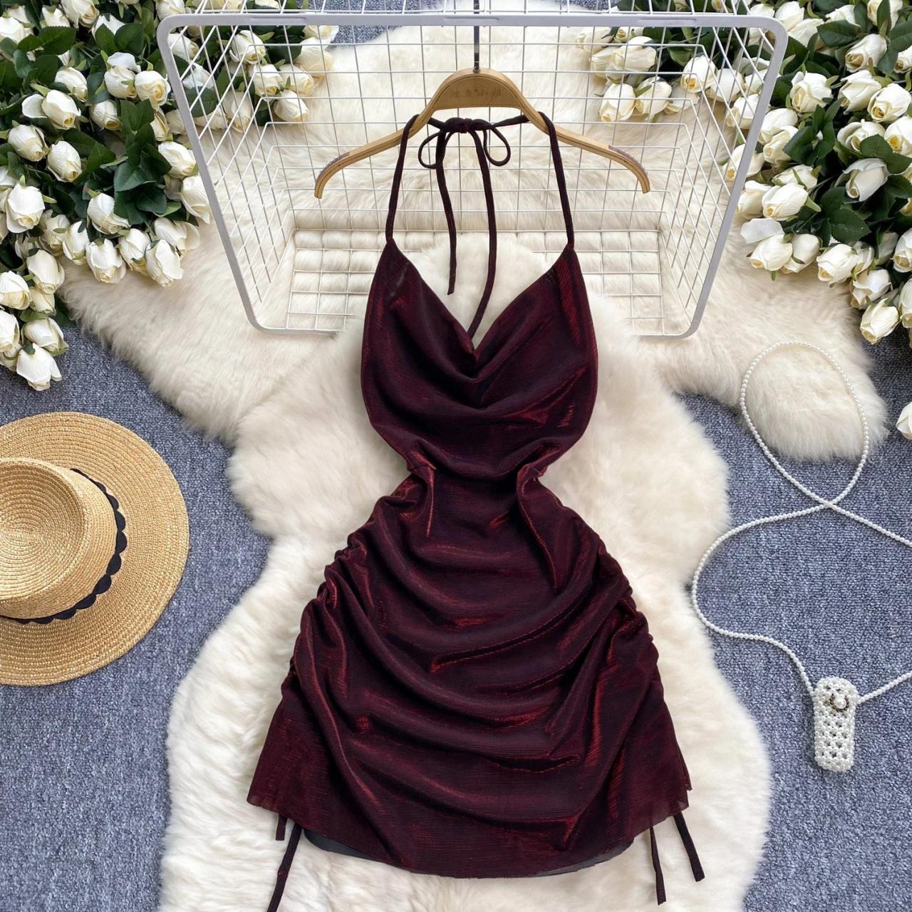 Burgundy Velvet Halter Mini Dress With Ruching on Luulla