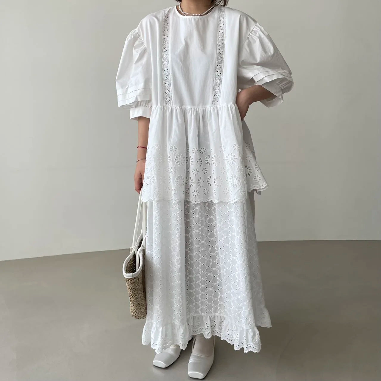 knee length dresses for ladies Grace Dress, Eyelet Midi Dress, White main image 1